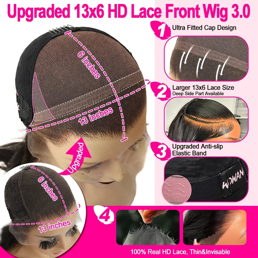34in Jet Black 13x6 HD Transparent Lace Frontal Wigs Bone Straight Pre Plucked Real HD Lace Front Wigs Glueless 250% Virgin Hair