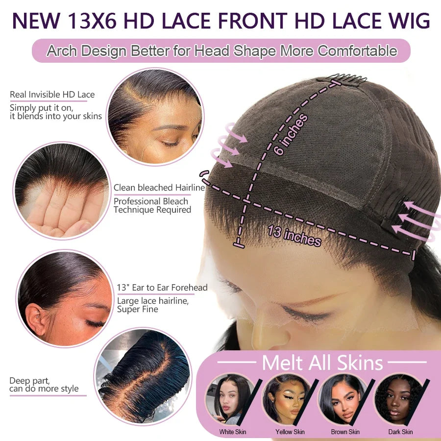 WOWANGEL Jet Black 13X6 HD Lace Frontal Wig Invisible HD Lace Melt Skin Silk Straight Lace Front Wig Human Hair Wig Deep Part