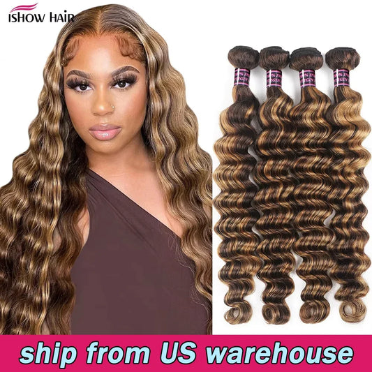 Ishow Brazilian Highlight Loose Deep Wave Bundles 4/27 Honey Blonde Human Remy Hair Extensions 1 3 4 PCS Ombre Hair For Women
