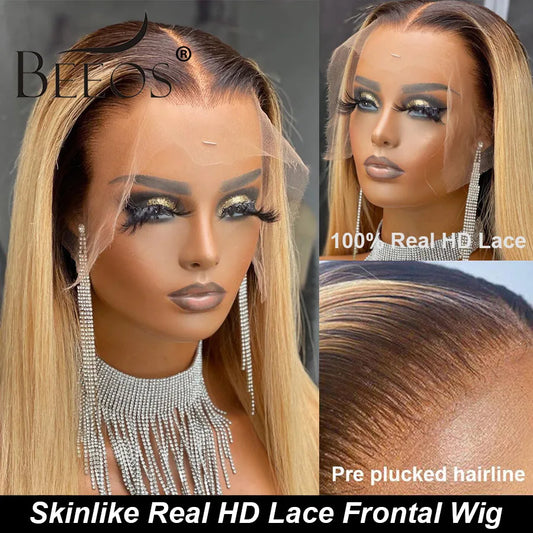 BEEOS Skinlike 13X6 HD Lace Frontal Wig Ombre Blonde Straight 13x4 HD Lace Full Front Human Hair Wigs For Women Pre plucked Hair