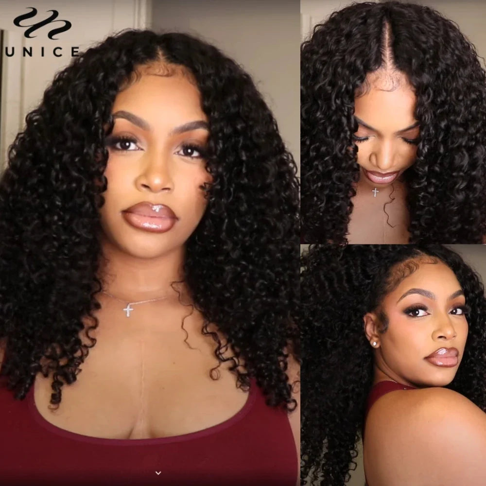UNice Burmese Curly V Part Wig With Drawstring Clip-In Human Hair Wigs 180% Density No Glue Minimal Leave-out