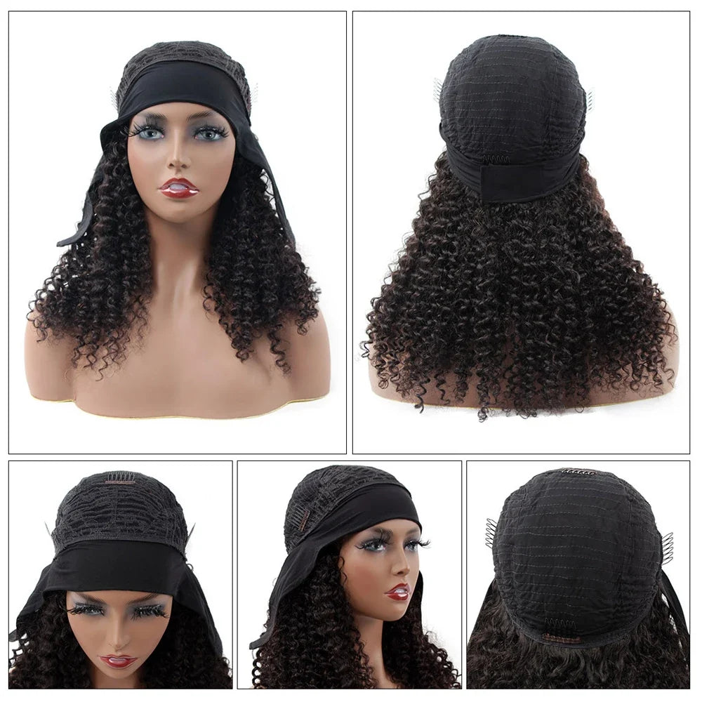 Glueless Deep Wave Headband Wig Human Hair Natural Black Curly Headband Wigs for Black Women 180% Density Brazilian Virgin Hair