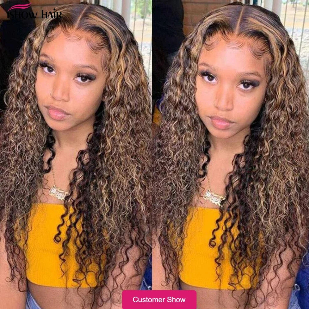 Ishow Kinky Curly Highlight Wig Human Hair Transparent 13x4 Lace Front Human Hair Wigs Pre Plucked P4 27 Colored Wig