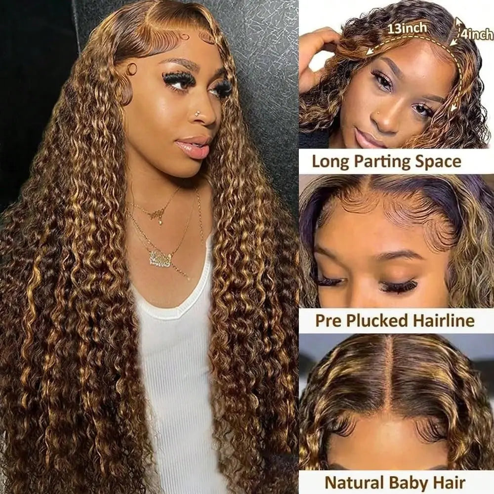 34 Inch 250 Density 13x4 Lace Front Brazilian Human Hair Wig Deep Wave Curly Highlight 4/27 Blonde Brown Natural Look For Women