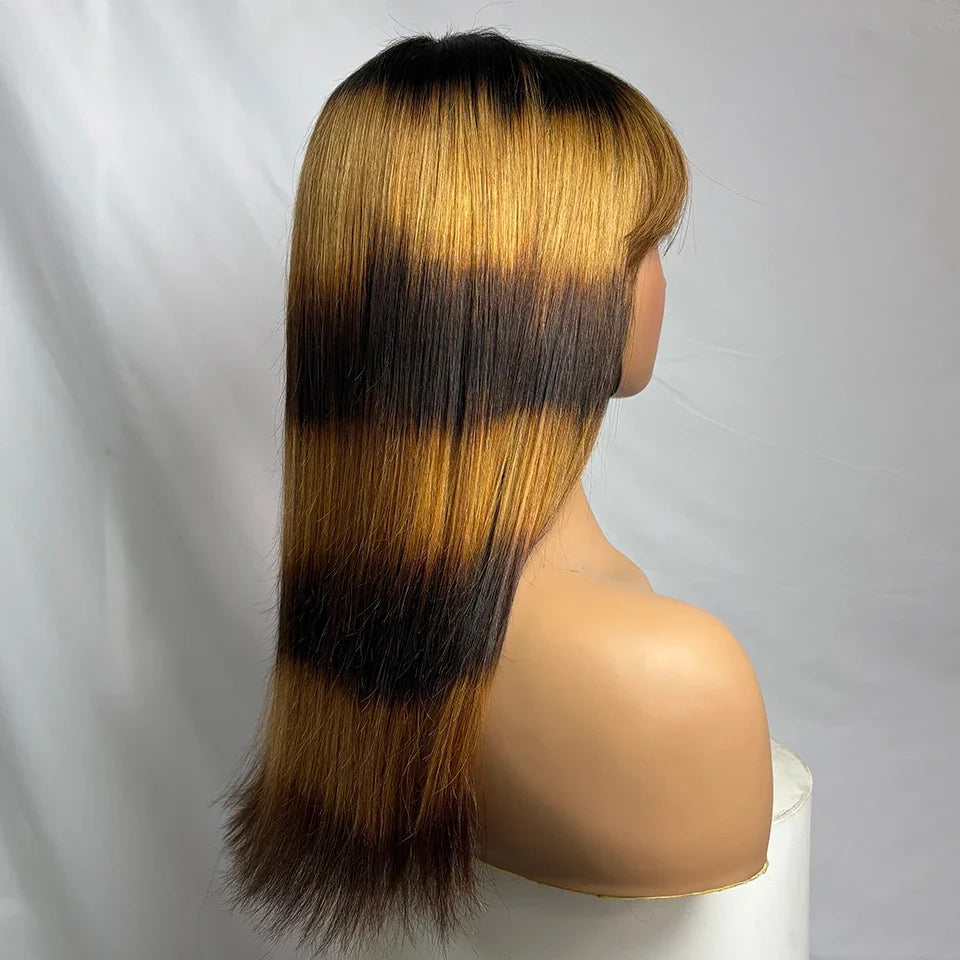 Leopard print Bone Straight Wig With Bangs Dark and Blond Human Hair Wigs For Women Full Machine Made Fringe Glueless Wig