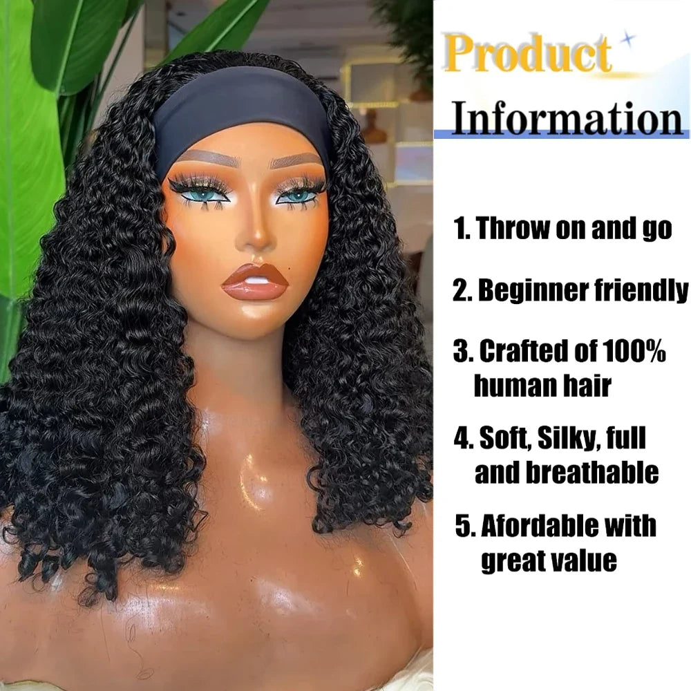 Glueless Deep Wave Headband Wig Human Hair Natural Black Curly Headband Wigs for Black Women 180% Density Brazilian Virgin Hair