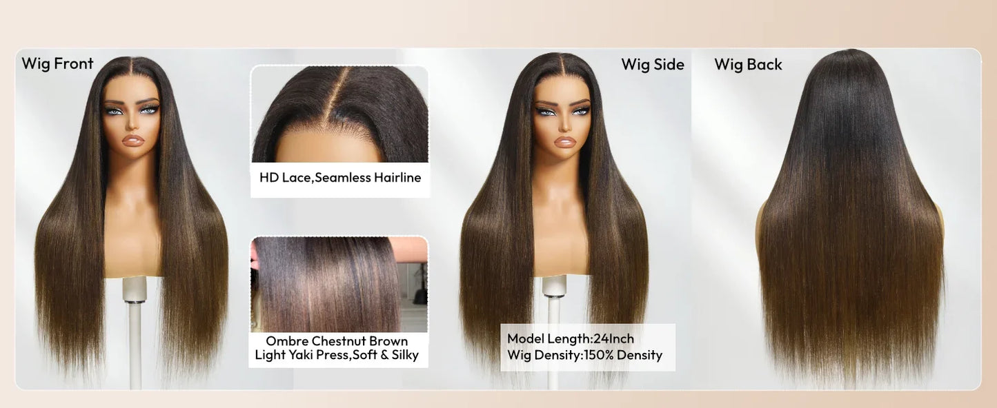 UNice 7x5 Bye Bye Slip Black to Chestnut Brown Ombre Yaki Straight Human Hair Wigs With Invisi Drawstring