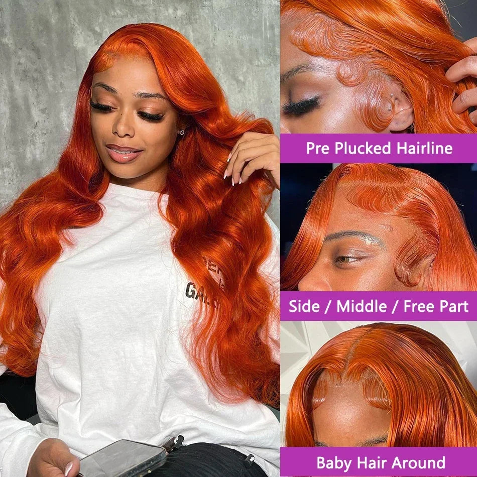 30 inch 13x4 Orange Ginger Lace Front Wig Body Wave Lace Frontal Wig Brazilian Ginger Human Hair Colored Wigs Pre Plucked