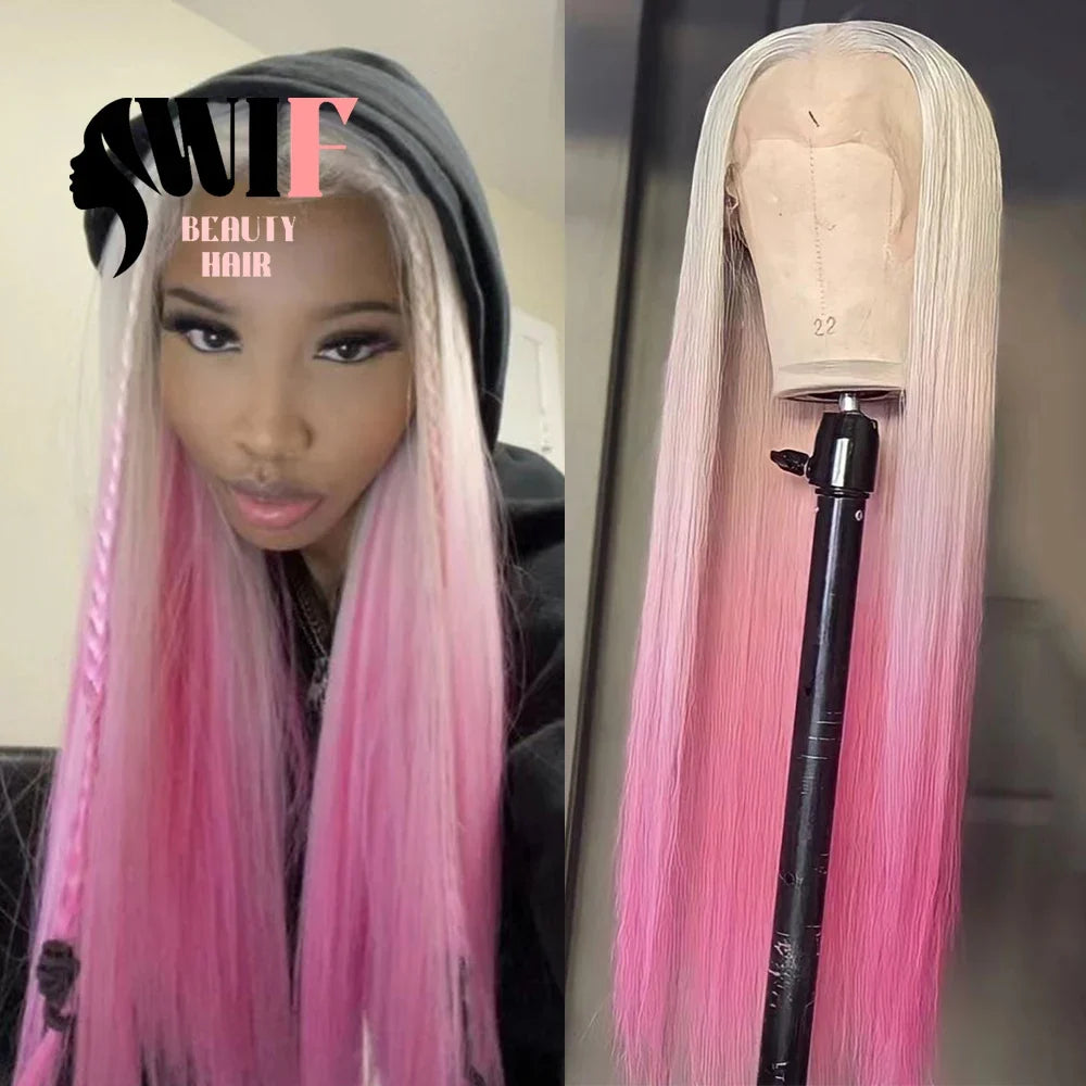 WIF Platinum Pink Ombre Hair Synthetic Wig Long Straight Heat Fiber Two Tones Colorful Lace Front Wigs Women Cosplay Party Use