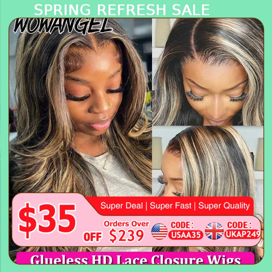 Wow Angel 34inch Highlight Body Wave Wigs 5X5 HD Lace Closure Wig Honey Blonde 250% Glueless Wig Human Hair Ready to Wear Wigs