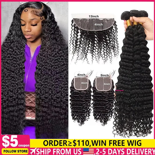 Human Hair Bundles With Closure Burmese Deep Wave Raw 3 4 Bundles With 4x4 5x5 HD Lace Closure Curly Weave With 13x4 Frontal