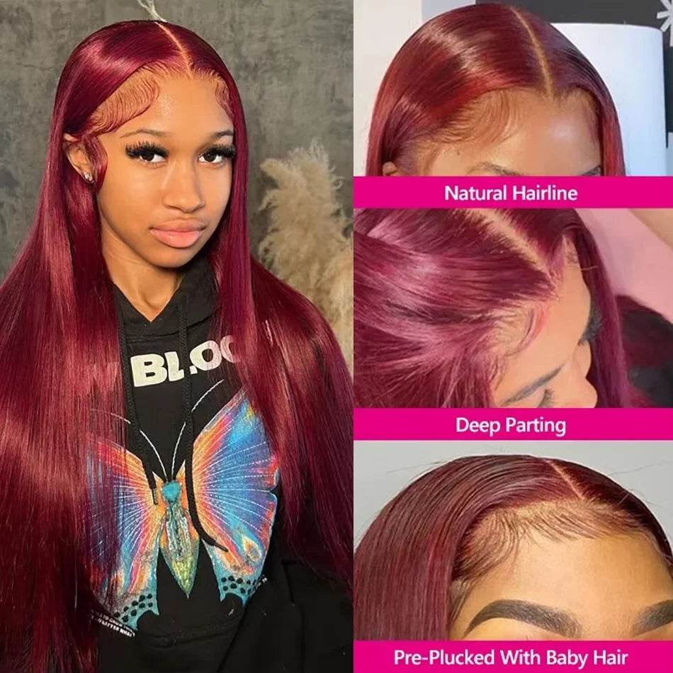 99J Burgundy Lace Front Wig 13x6 Brazilian Human Hair 13x4 Straight Red Colored Lace Frontal Human Hair Wigs Woman Pre Plucked