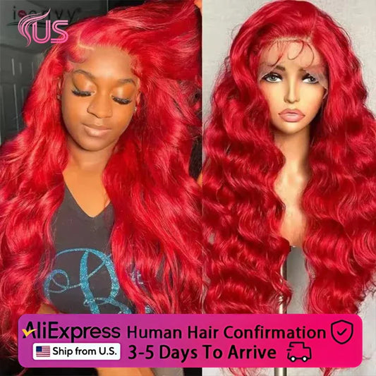 13x6 Lace Frontal Wig Hot Red Body Wave 30 40 Inch 13x6 Lace Front Human Hair Wigs Preplucked Red Colored 4x4 5x5 HD Transparent