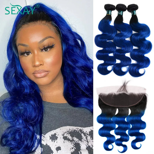 Ombre Blue Bundles With Frontal Pre Plucked Brazilian Body Wave 1B Blue Color Human Hair Weave 3 Bundles With 13x4 Lace Frontal