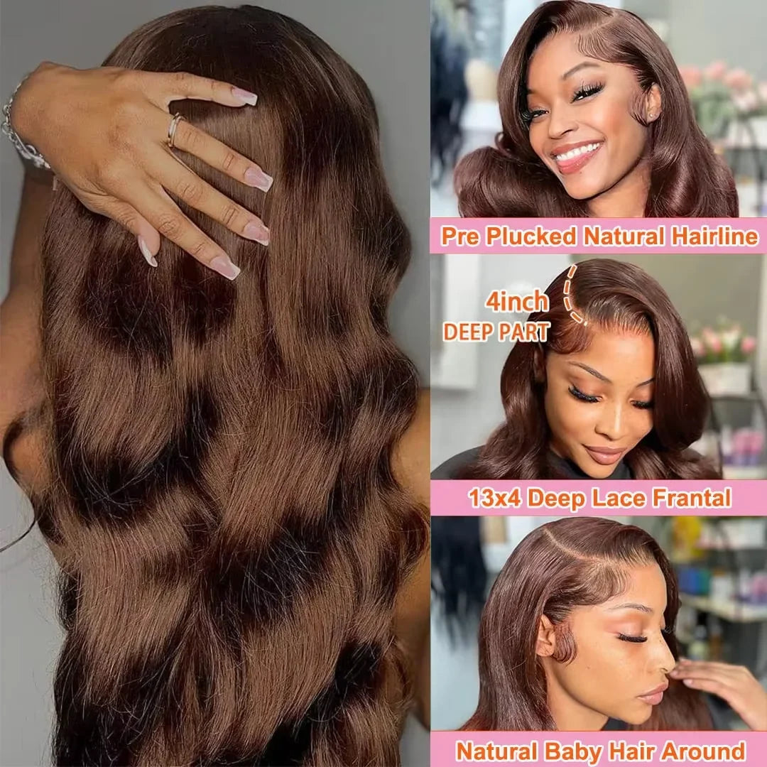 13x4 Chocolate Brown Lace Front Wigs 13x6 HD Transparent Lace Frontal Wig Colored Bleached Body Wave Human Hair Wigs For Women