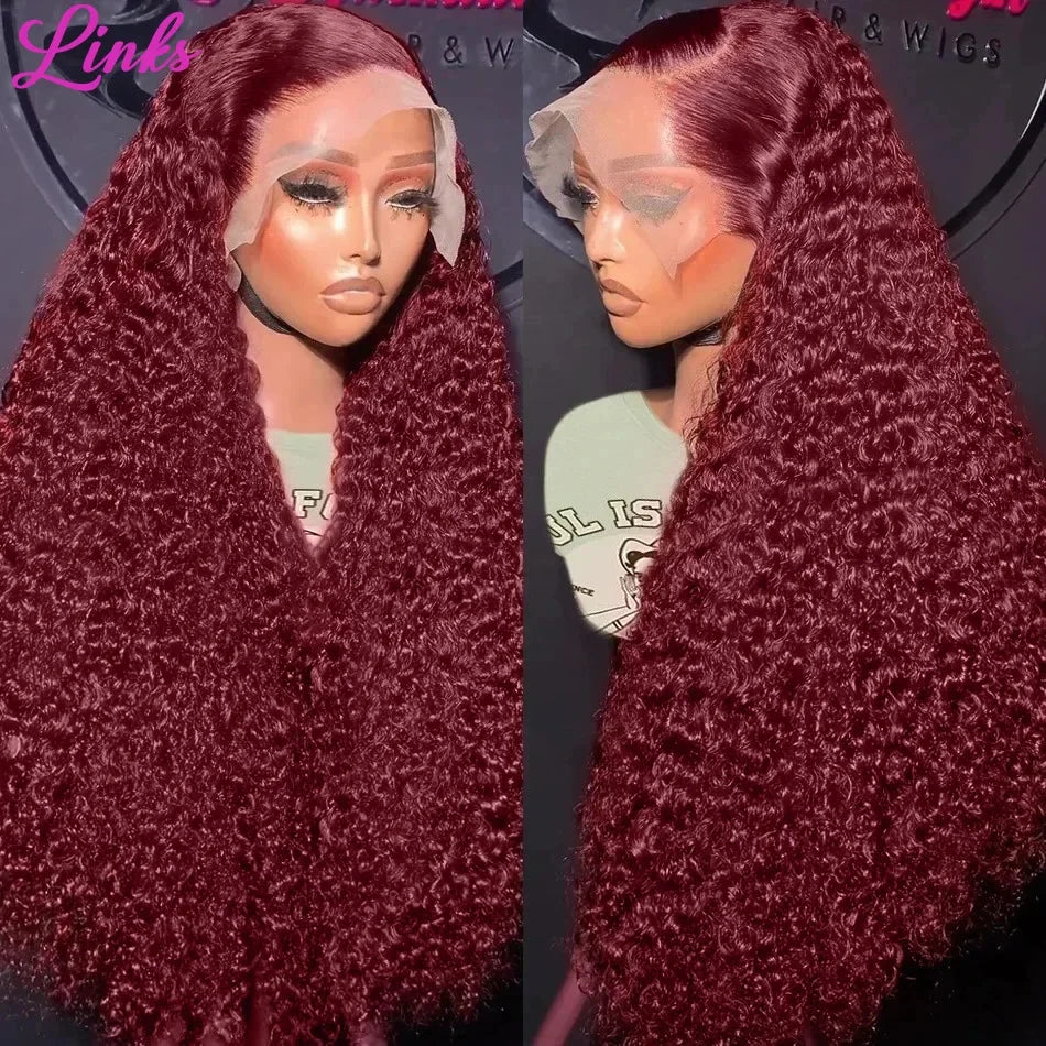 Links 40 Inch 99J Burgundy Deep Wave 13x6 HD Lace Front Wig 250% Red Colored Curly 13x4 Lace Frontal Human Hair Wigs For Women