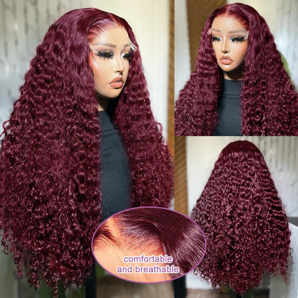 Links 40 Inch 99J Burgundy Deep Wave 13x6 HD Lace Front Wig 250% Red Colored Curly 13x4 Lace Frontal Human Hair Wigs For Women