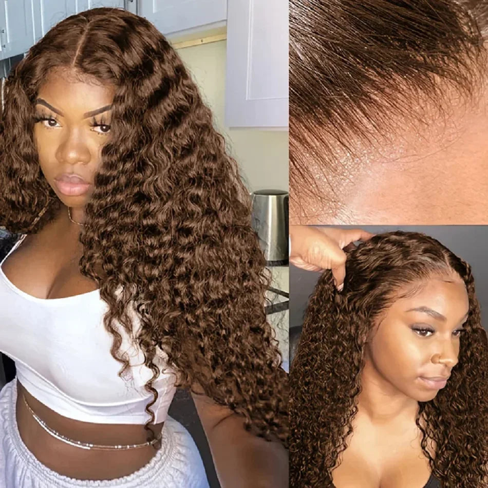 13x4 Chocolate Brown Water Curly Lace Front Wig #4 Colored Human Hair Wigs Pre Plucked Deep Wave 13x6 HD Lace Frontal Wigs 200%