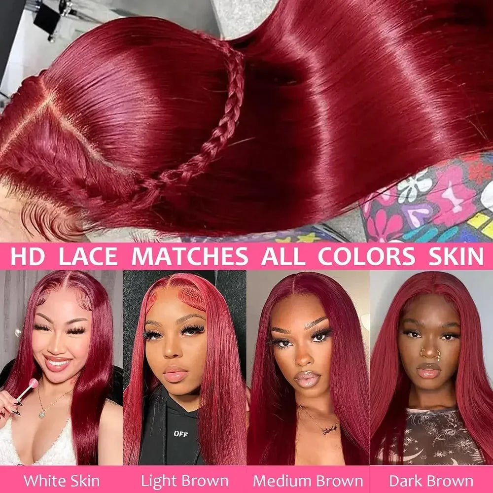 99J Burgundy Lace Front Wig 13x6 Brazilian Human Hair 13x4 Straight Red Colored Lace Frontal Human Hair Wigs Woman Pre Plucked