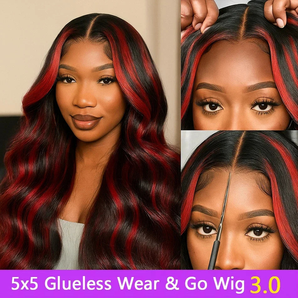 1B/99j Burgundy Highlight Lace Front Wig 30 Inch 5x5 Glueless Body Wave Wear And Go Wigs Brazilain Red Colored Human Hair Wigs