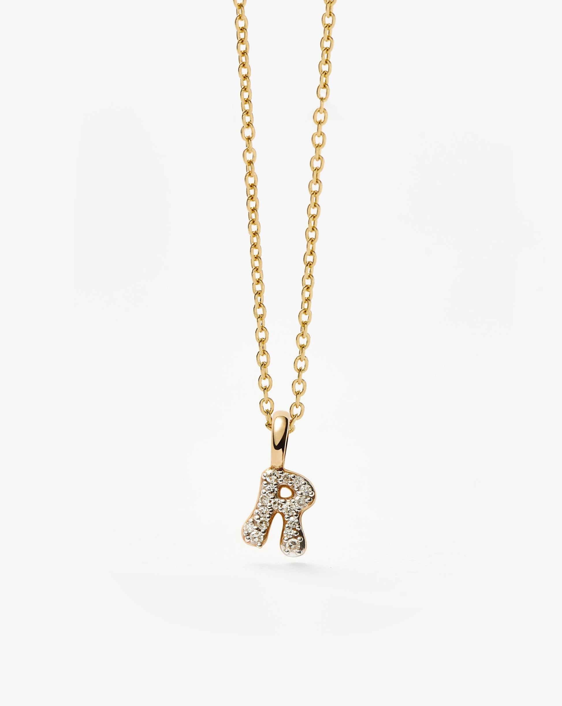 Solid Gold Diamond Initial Mini Pendant Necklace - R | 14ct Solid Yellow Gold Plated/Diamond