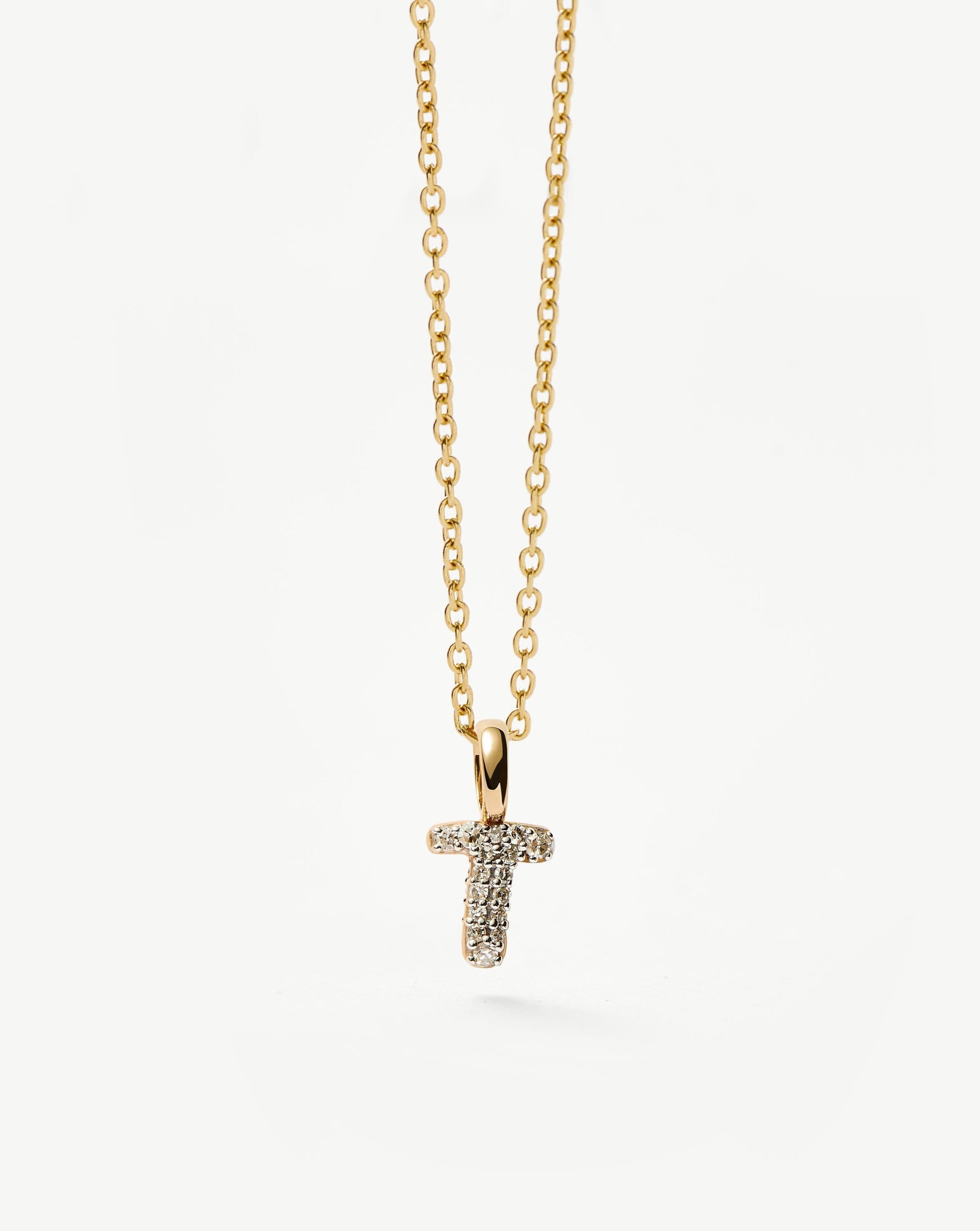 Solid Gold Diamond Initial Mini Pendant Necklace - T | 14ct Solid Yellow Gold Plated/Diamond