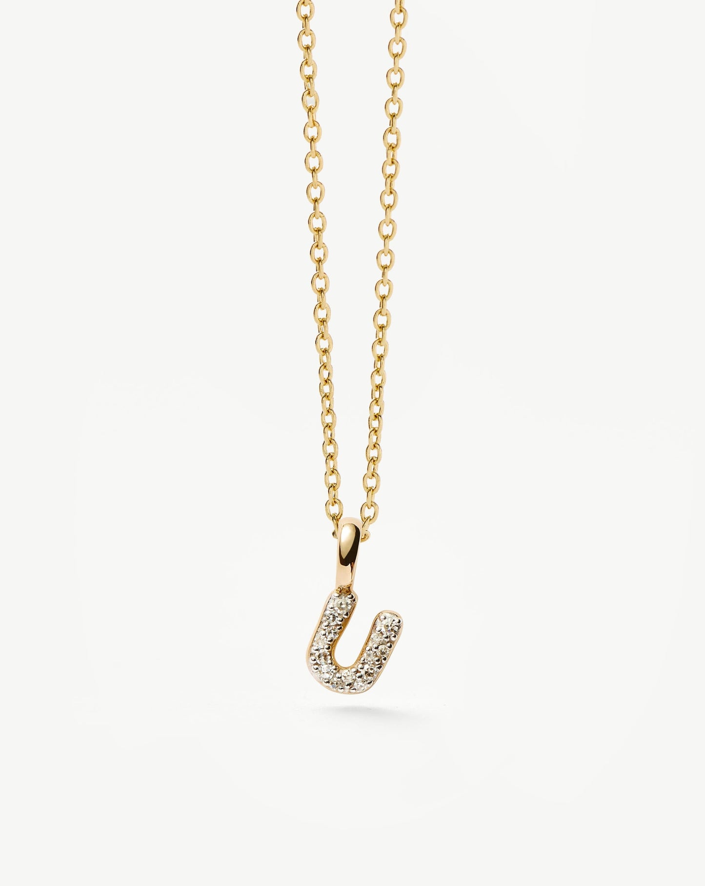 Solid Gold Diamond Initial Mini Pendant Necklace - U | 14ct Solid Yellow Gold Plated/Diamond
