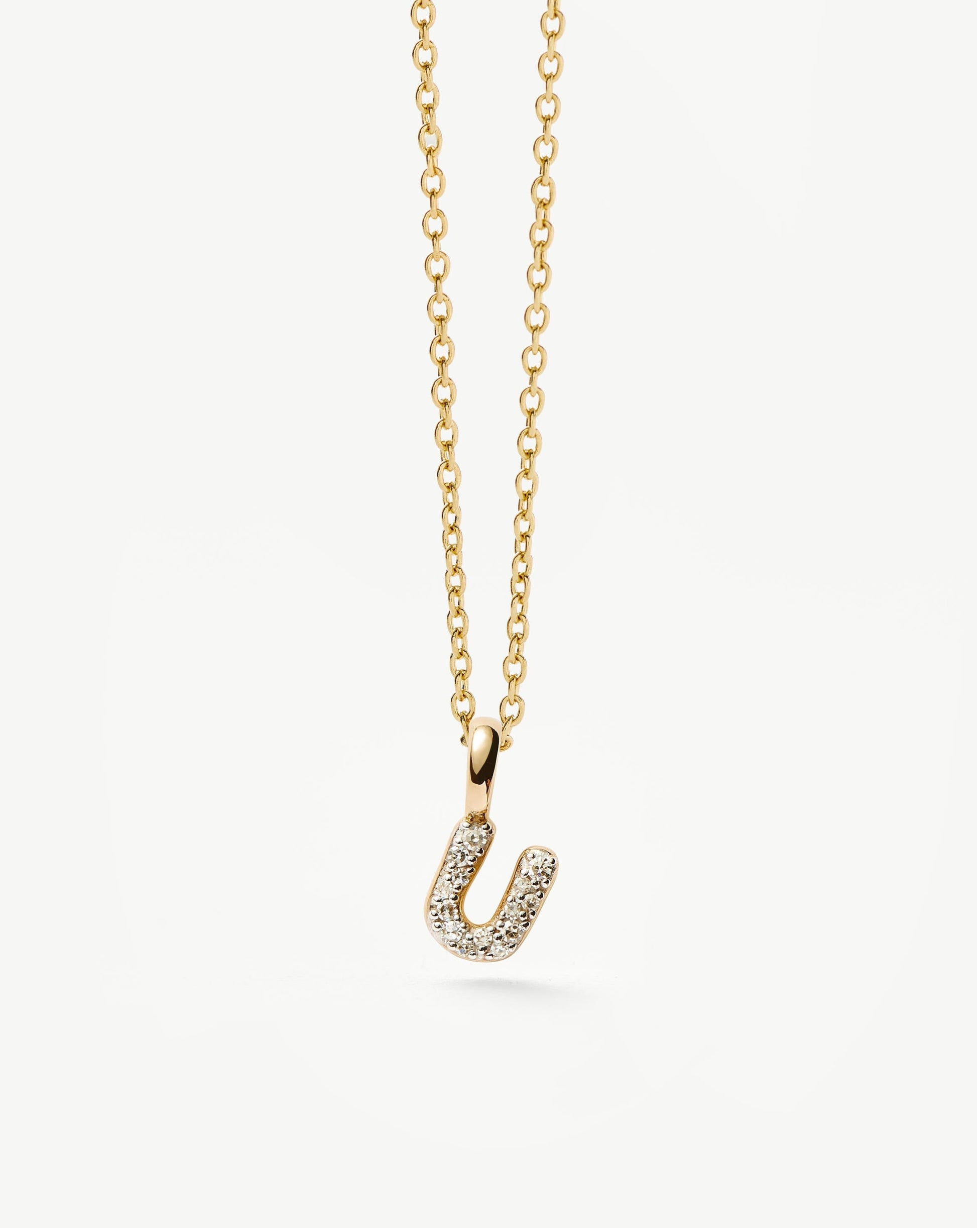 Solid Gold Diamond Initial Mini Pendant Necklace - U | 14ct Solid Yellow Gold Plated/Diamond