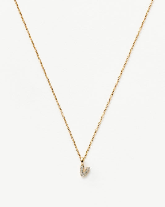 Solid Gold Diamond Initial Mini Pendant Necklace - V | 14ct Solid Yellow Gold Plated/Diamond