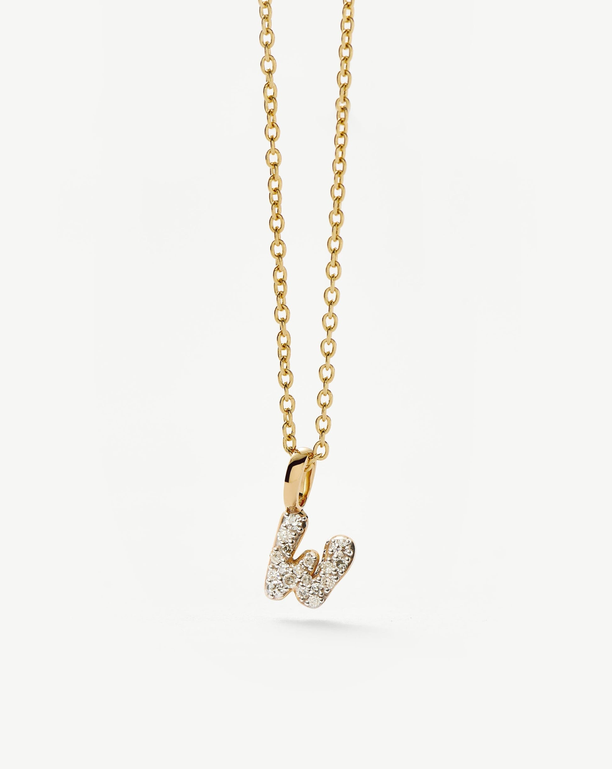 Solid Gold Diamond Initial Mini Pendant Necklace - W | 14ct Solid Yellow Gold Plated/Diamond