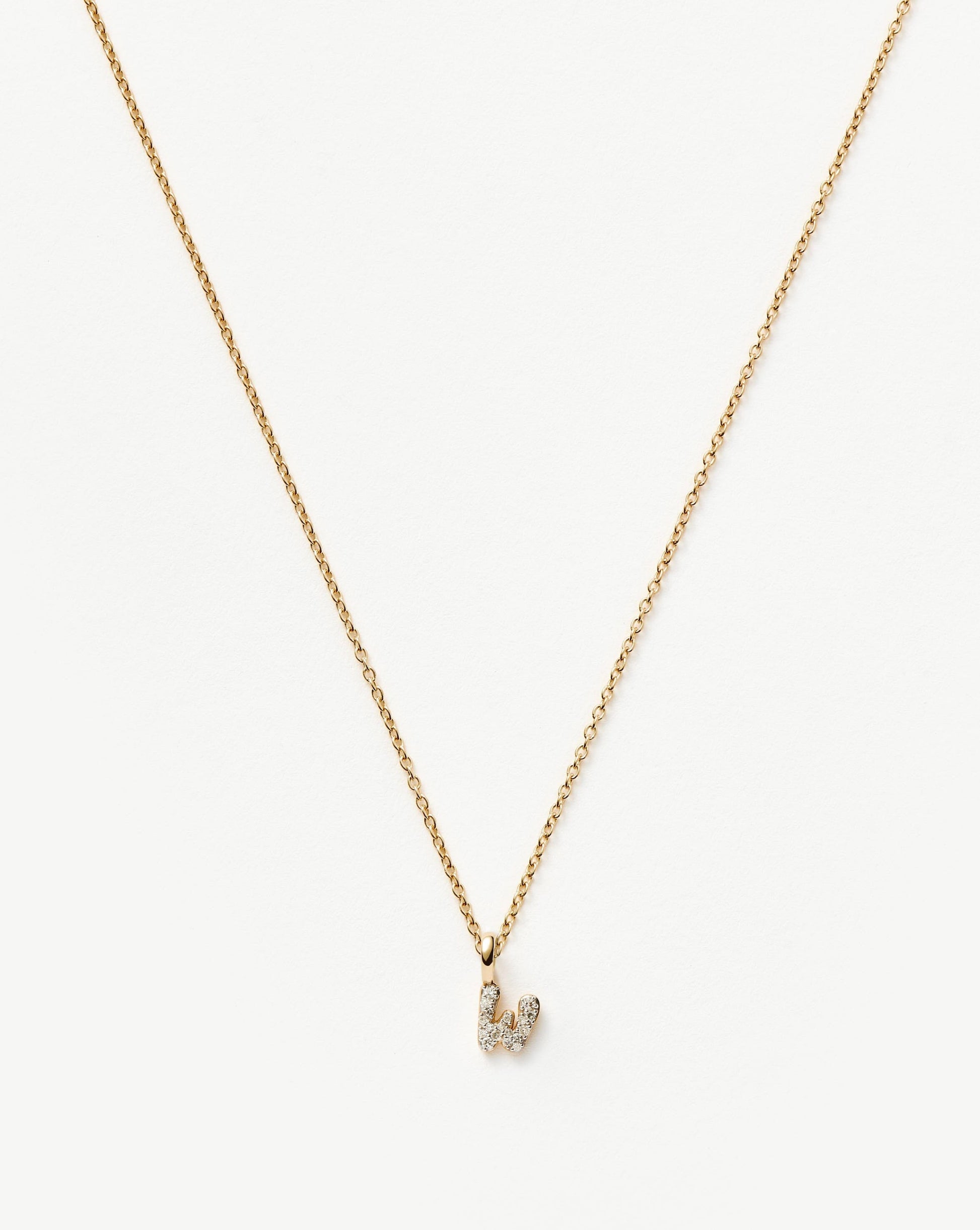 Solid Gold Diamond Initial Mini Pendant Necklace - W | 14ct Solid Yellow Gold Plated/Diamond
