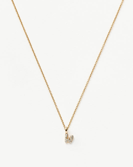 Solid Gold Diamond Initial Mini Pendant Necklace - W | 14ct Solid Yellow Gold Plated/Diamond