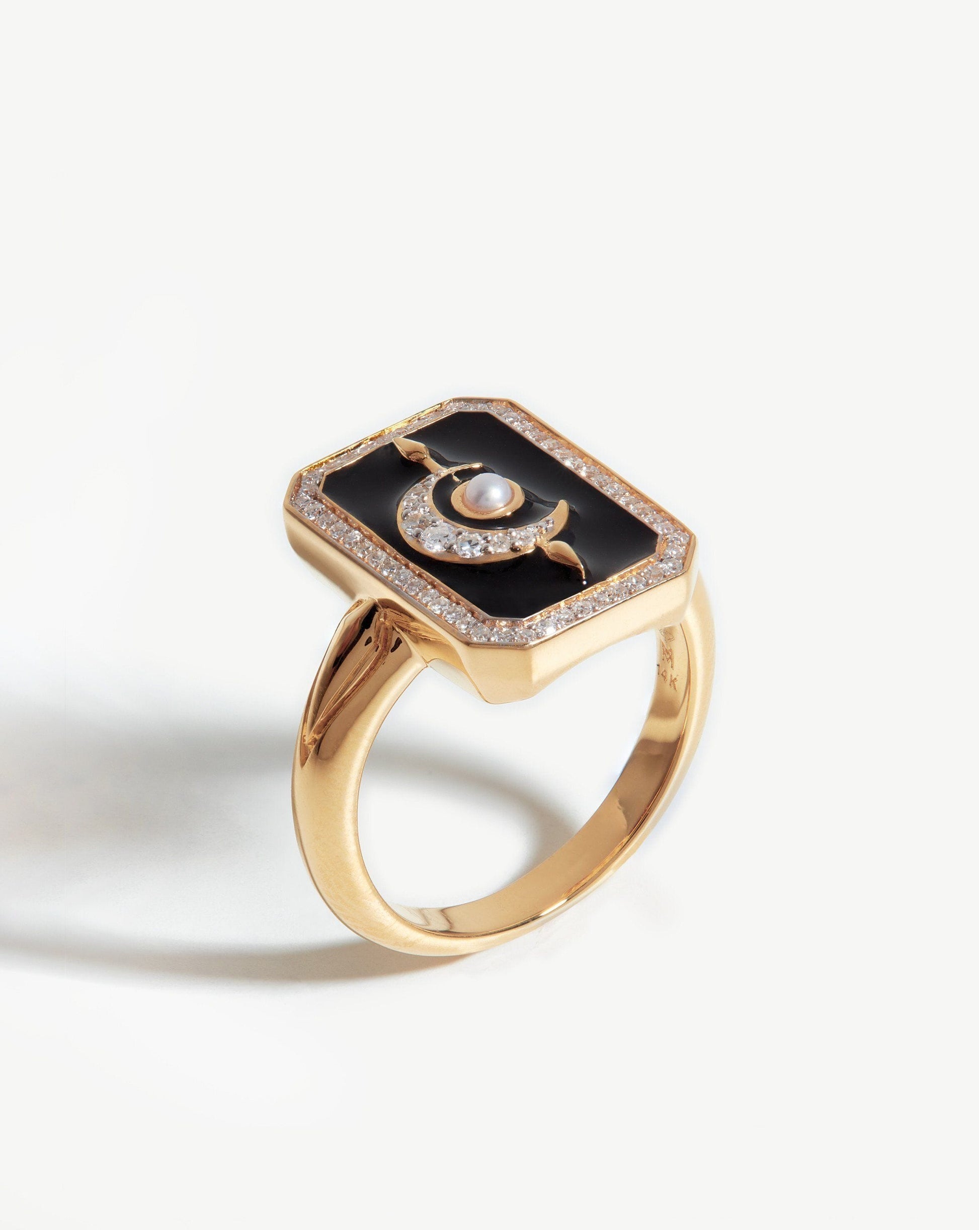 Harris Reed Solid Gold Lunar Ring | 14ct Solid Gold/Diamond & Black Enamel