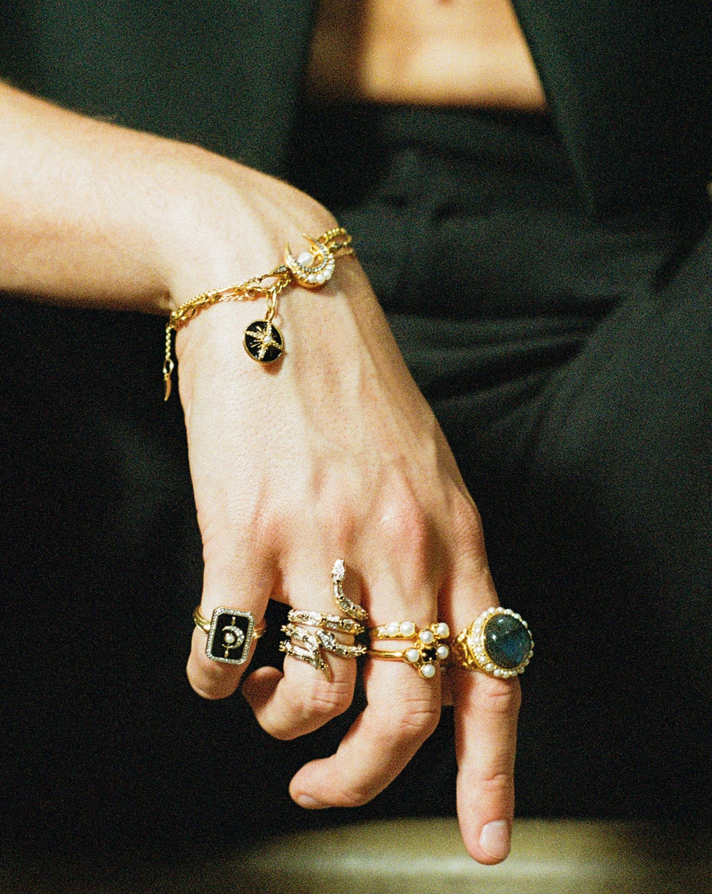 Harris Reed Solid Gold Lunar Ring | 14ct Solid Gold/Diamond & Black Enamel