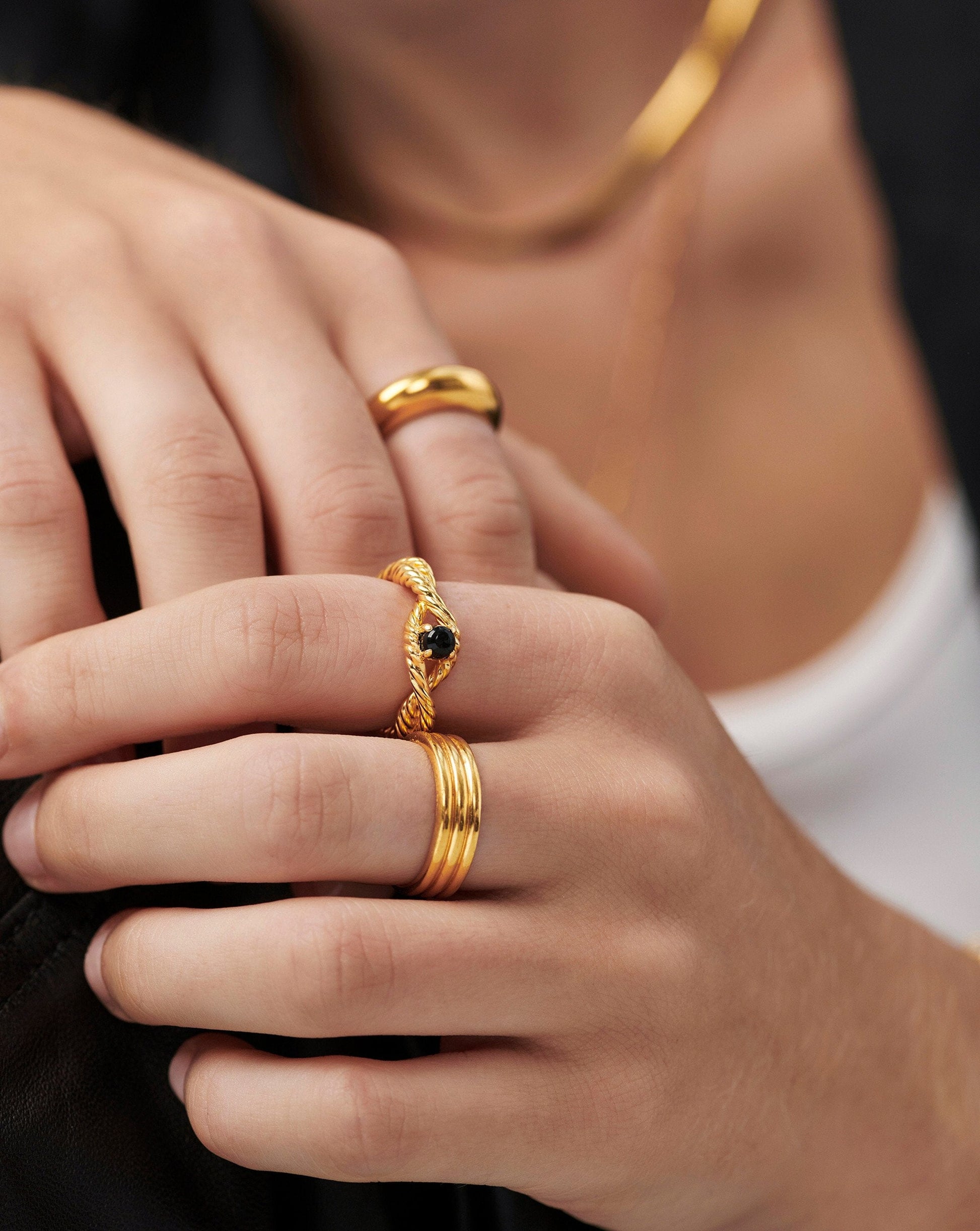 Marina Double Rope Gemstone Ring | 18ct Gold Vermeil/Black Onyx