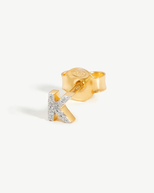 Pave Initial Single Stud Earring - Initial K | 18ct Gold Vermeil/Cubic Zirconia